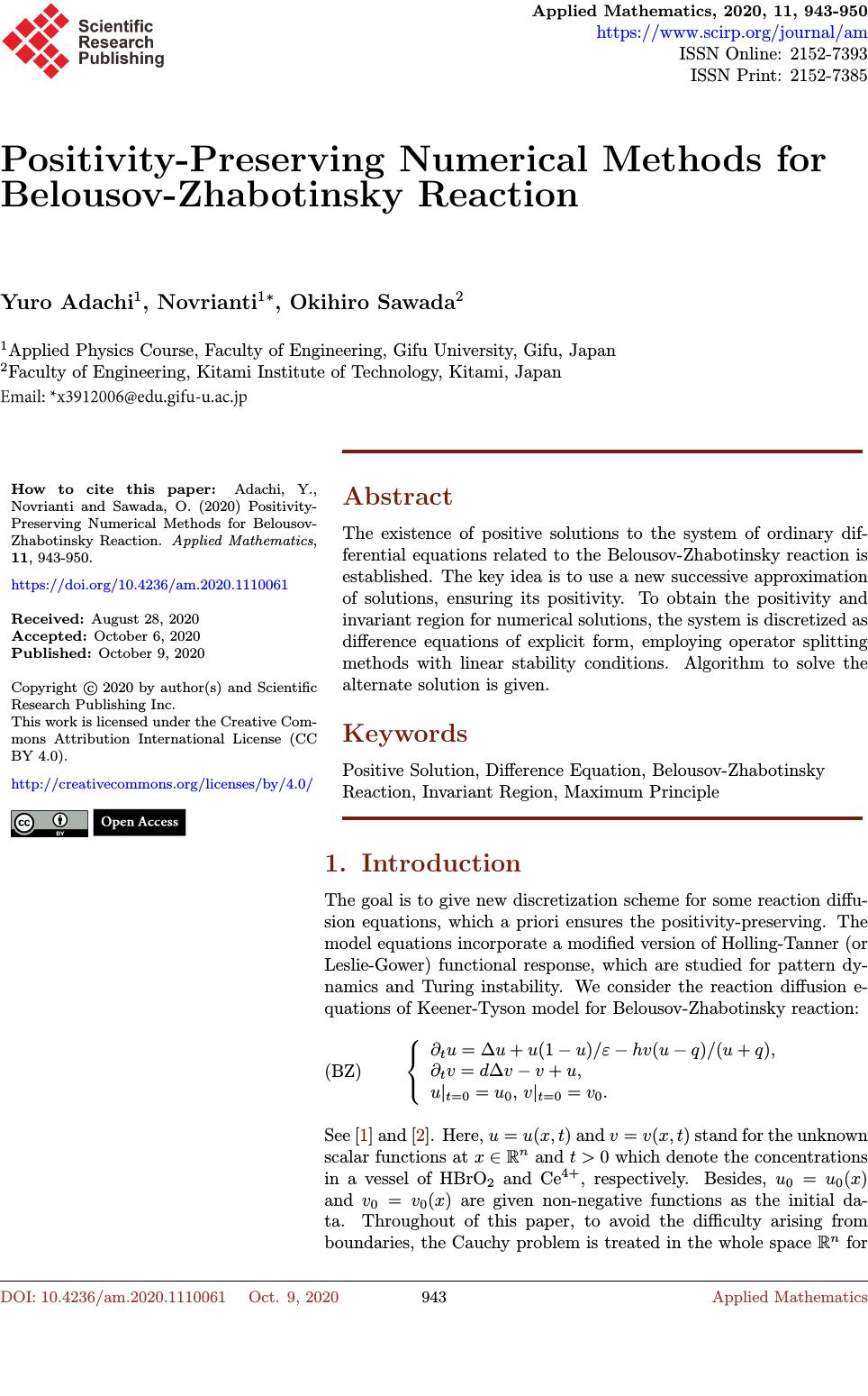 Positivity Preserving Numerical Methods For Belousov Zhabotinsky Reaction