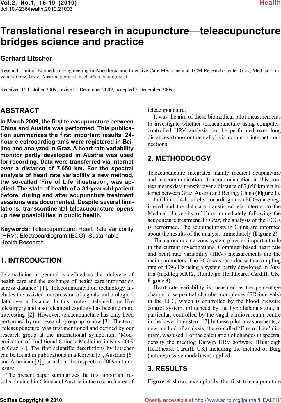 Translational research in acupuncture—teleacupuncture bridges science ...