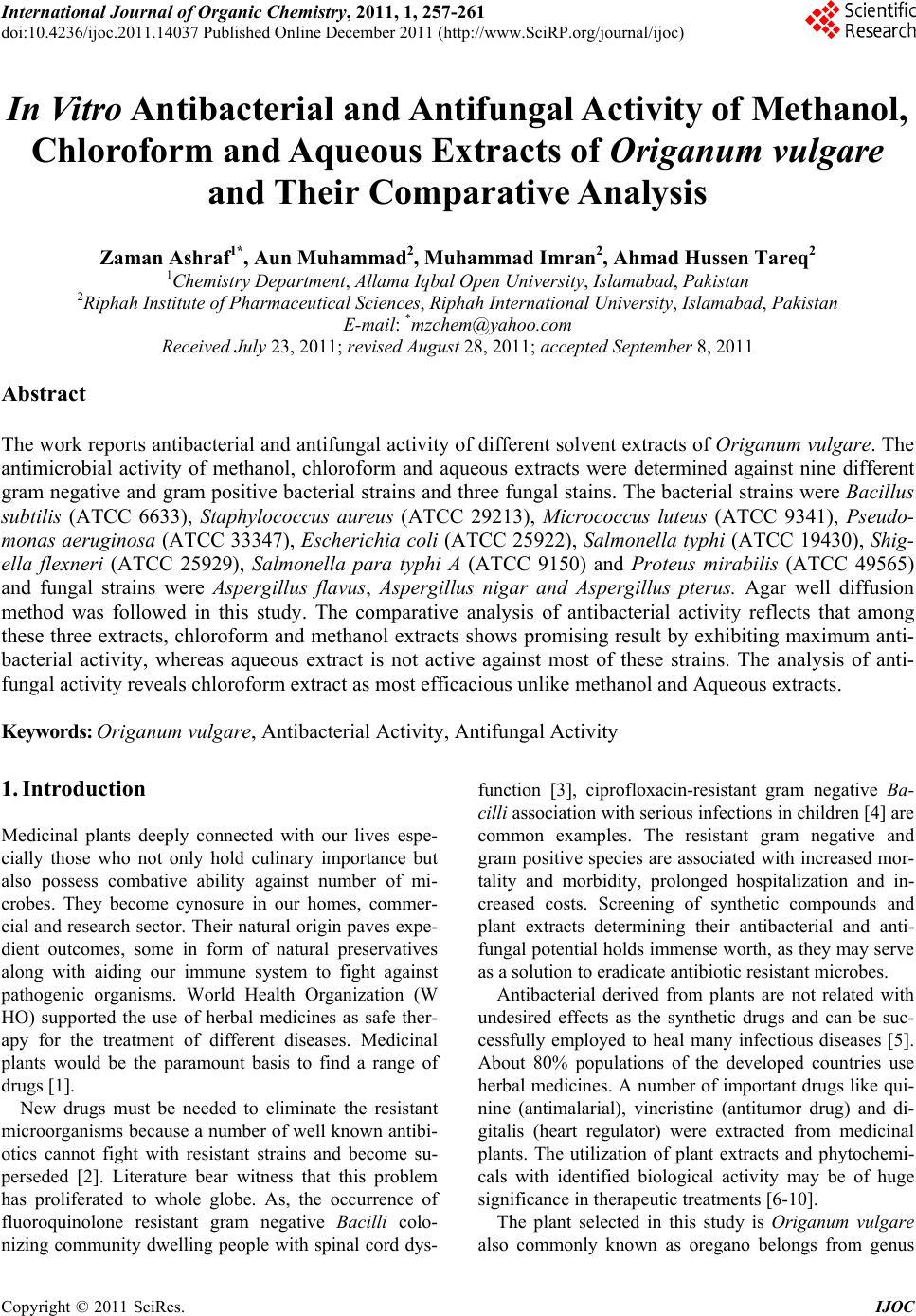 In Vitro Antibacterial and Antifungal Activity of Methanol, Chloroform ...