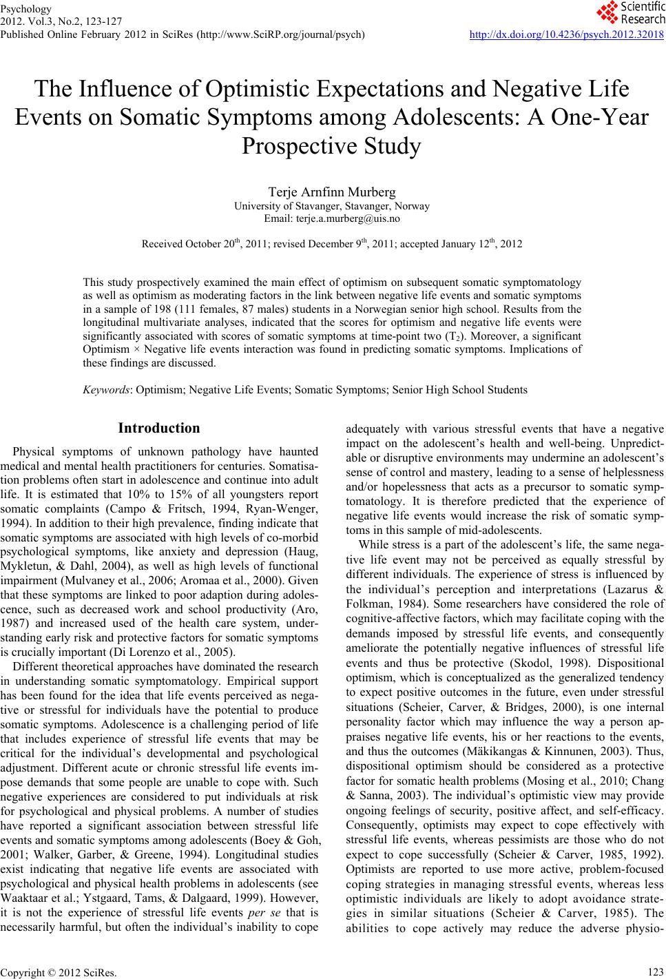 The Influence of Optimistic Expectations and Negative Life Events on ...