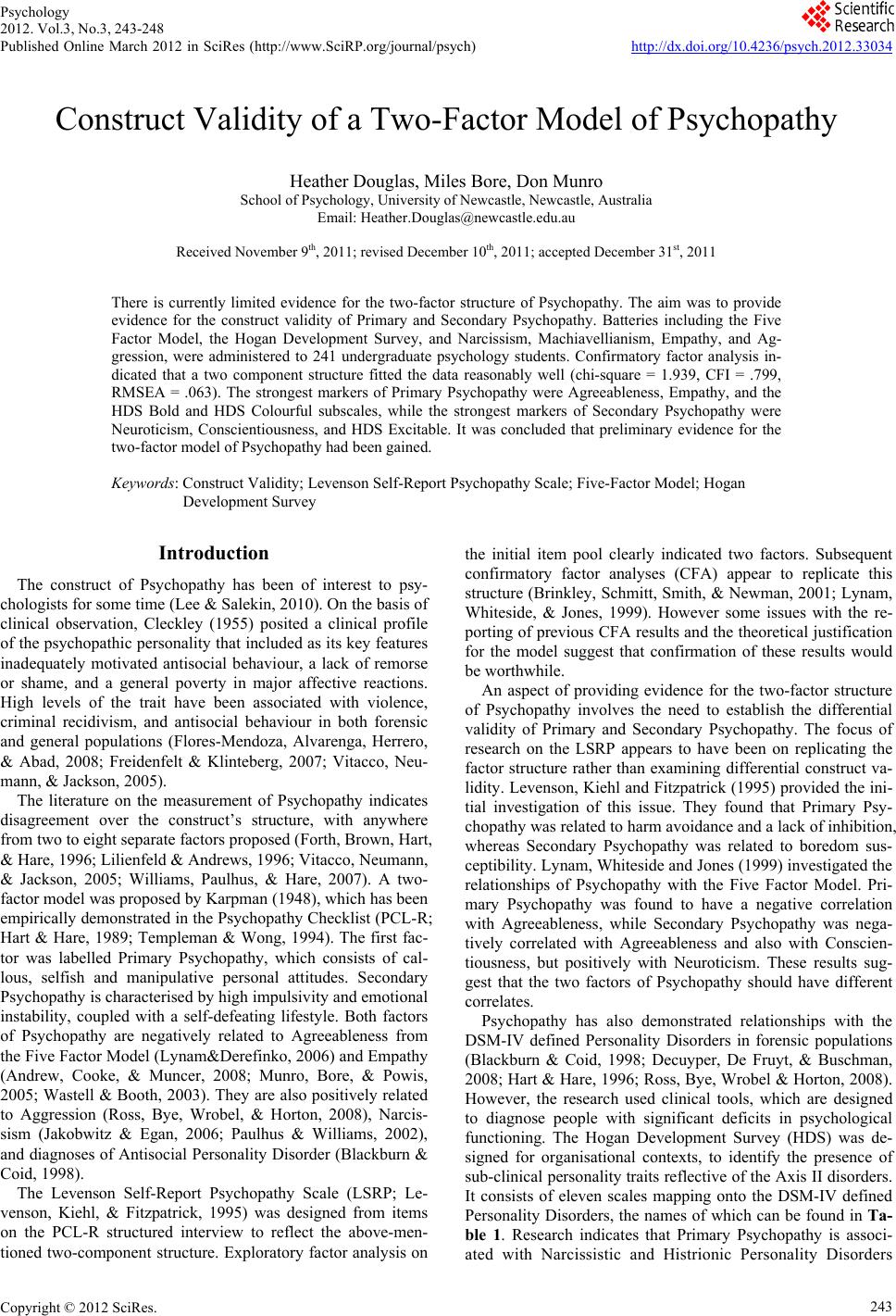 Construct Validity of Model of Psychopathy