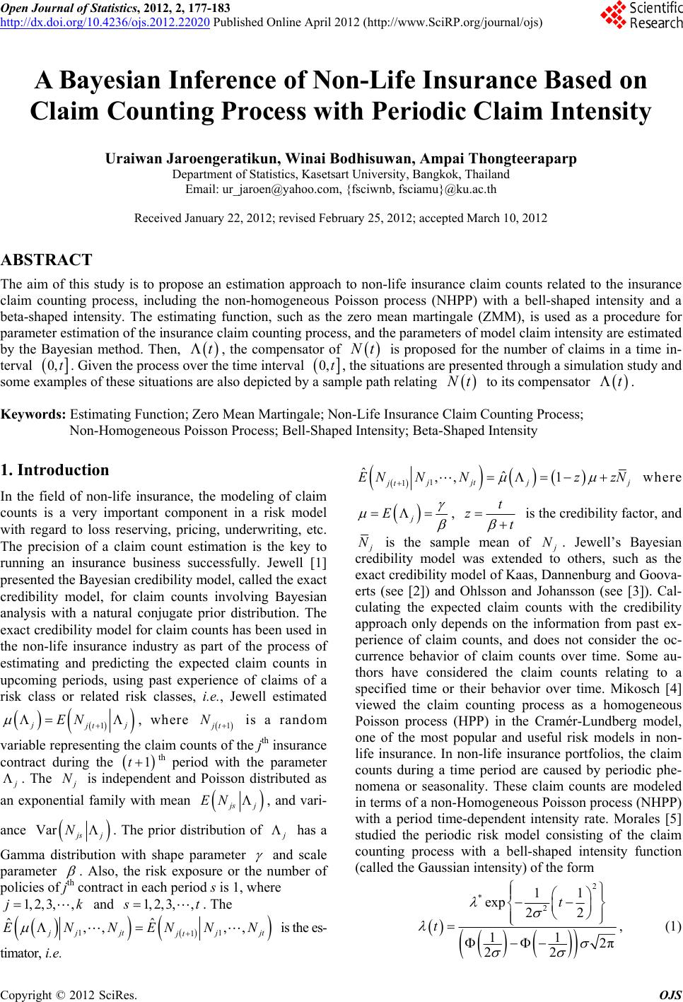 A Bayesian Inference Of Non Life Insurance Based On Claim Counting Process With Periodic Claim Intensity A Bayesian Inference Of Non Life Insurance Based On Claim Counting Process With Periodic Claim Intensity