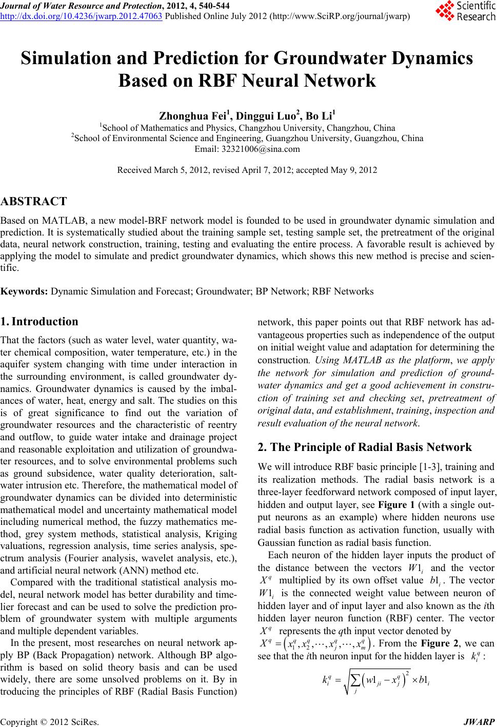 Simulation and Prediction for Groundwater Dynamics Based on RBF Neural ...