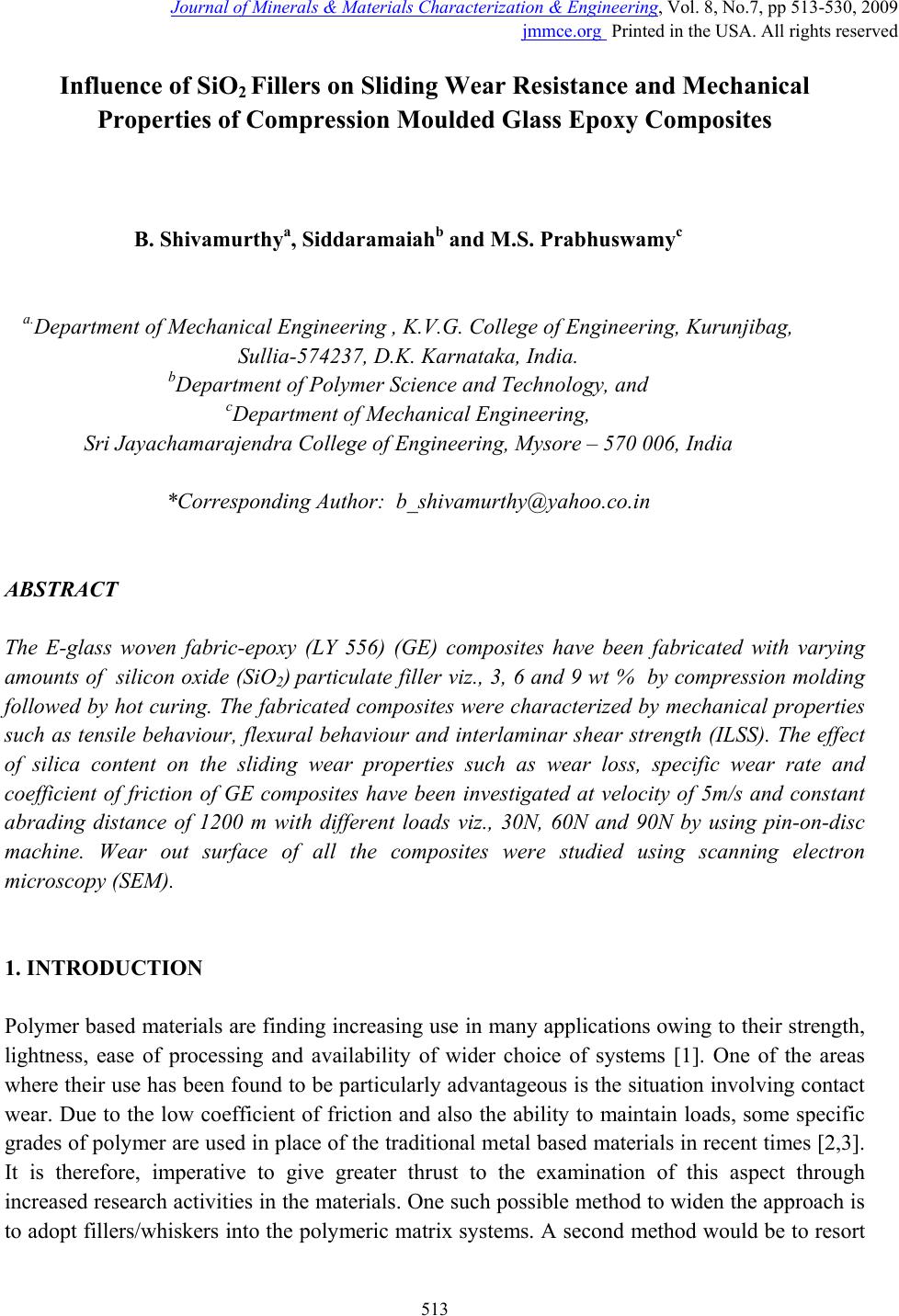 de studie Overeenkomend Verbinding Influence of SiO<sub>2</sub> Fillers on Sliding Wear Resistance and  Mechanical Properties of Compression Moulded Glass Epoxy Composites
