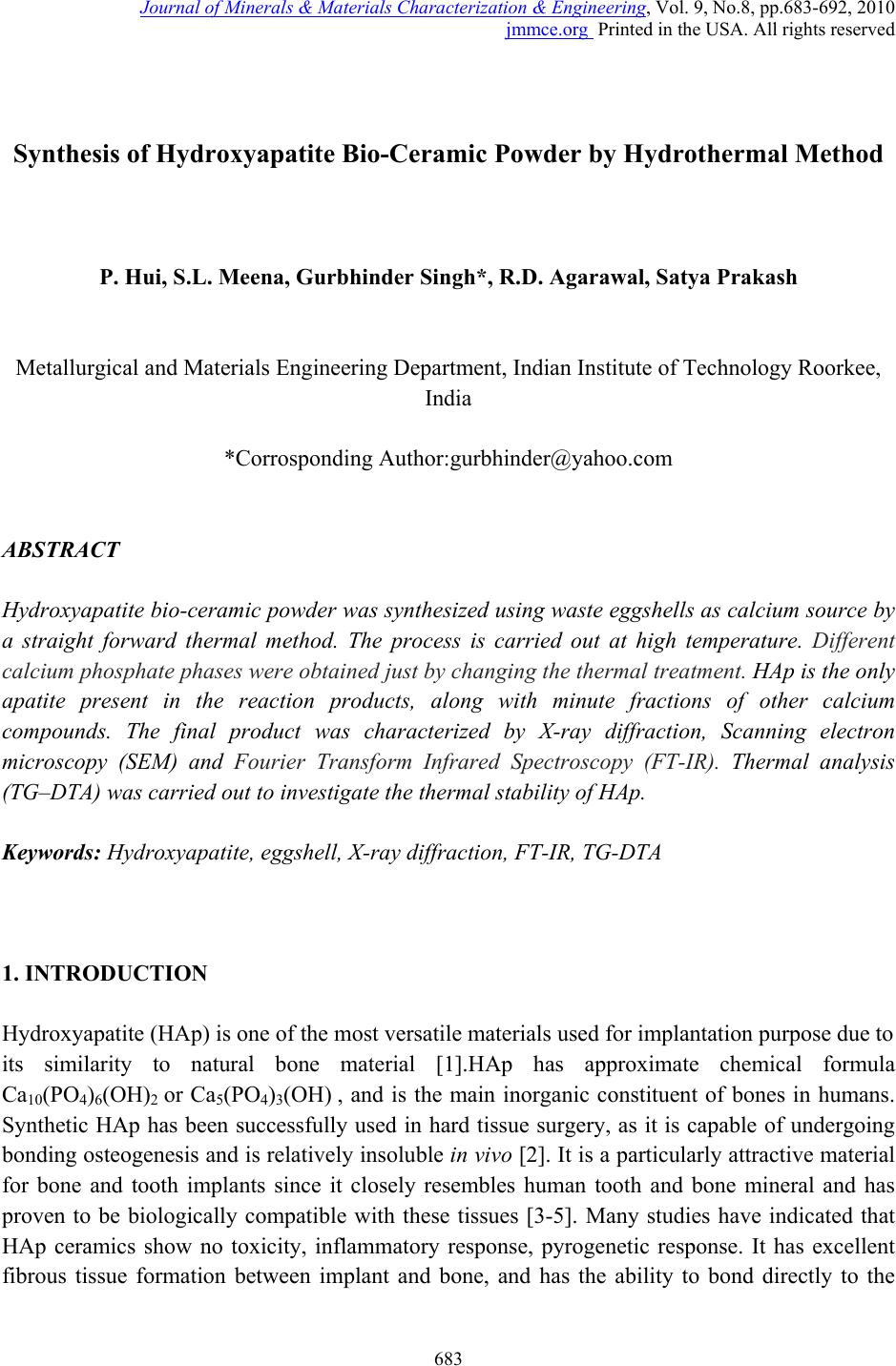 Synthesis of Hydroxyapatite Bio-Ceramic Powder by Hydrothermal Method