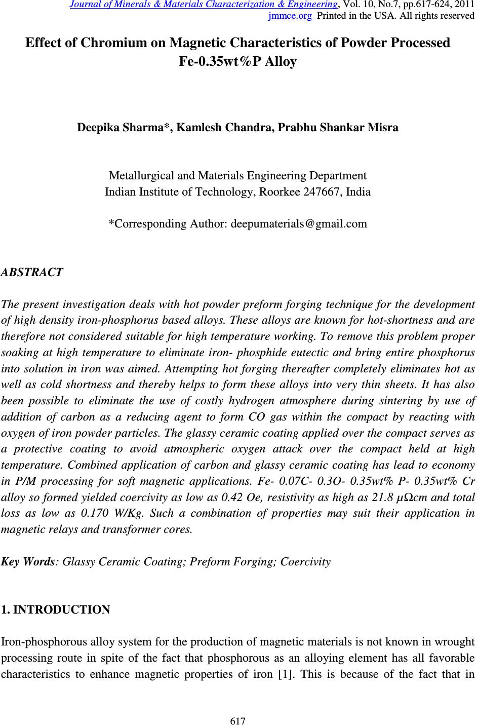 Effect of Chromium on Magnetic Characteristics of Powder Processed Fe-0 ...
