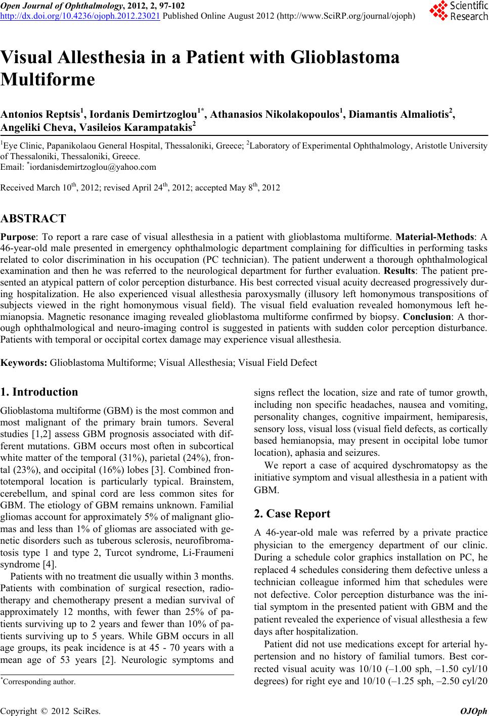 Visual Allesthesia Visual Allesthesia in a Patient with Glioblastoma Multiforme