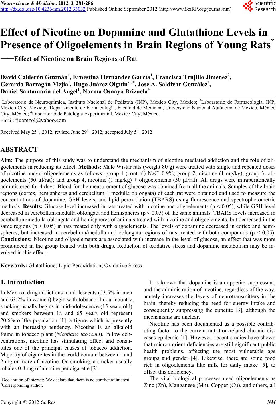 Effect of Nicotine on Dopamine and Glutathione Levels in Presence of  Oligoelements in Brain Regions of Young RatsEffect of Nicotine on Brain  Regions of Rat