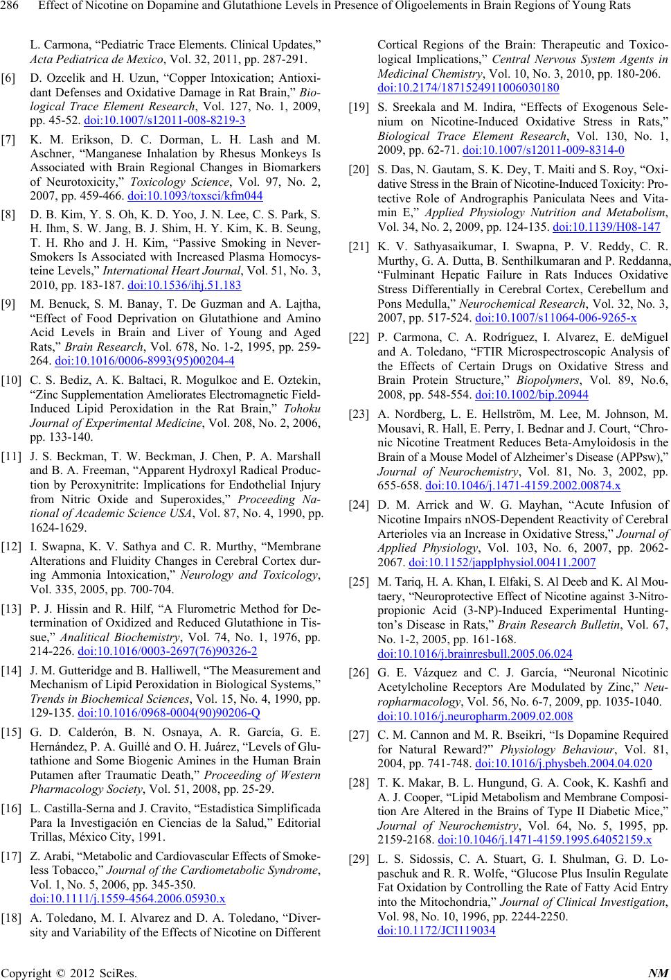 Effect of Nicotine on Dopamine and Glutathione Levels in Presence of  Oligoelements in Brain Regions of Young RatsEffect of Nicotine on Brain  Regions of Rat