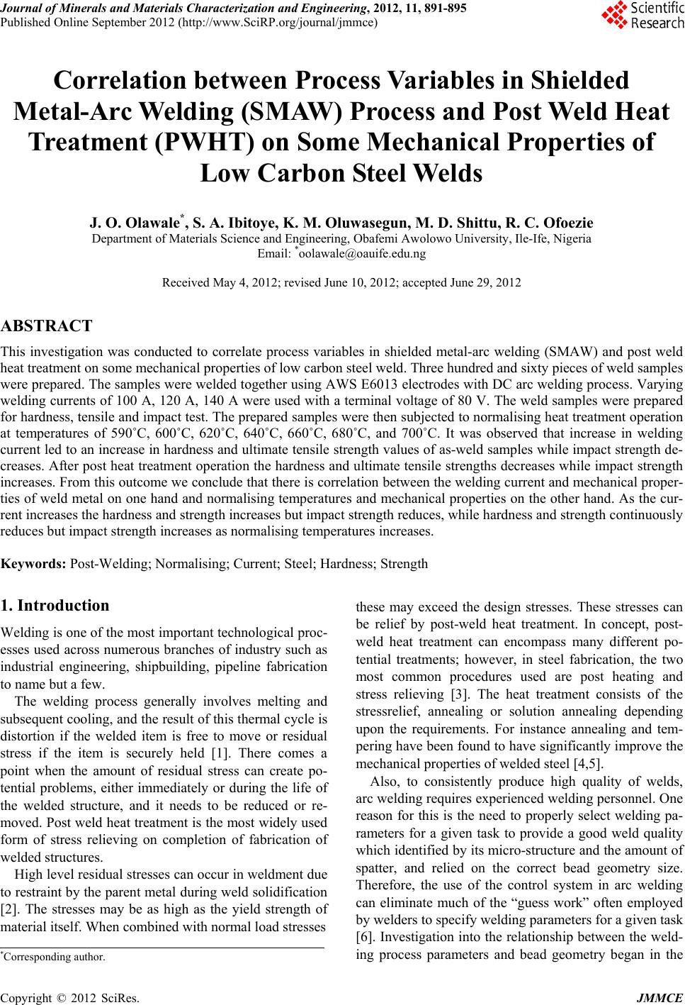 Correlation Between Process Variables In Shielded Metal Arc Welding Smaw Process And Post Weld Heat Treatment Pwht On Some Mechanical Properties Of Low Carbon Steel Welds