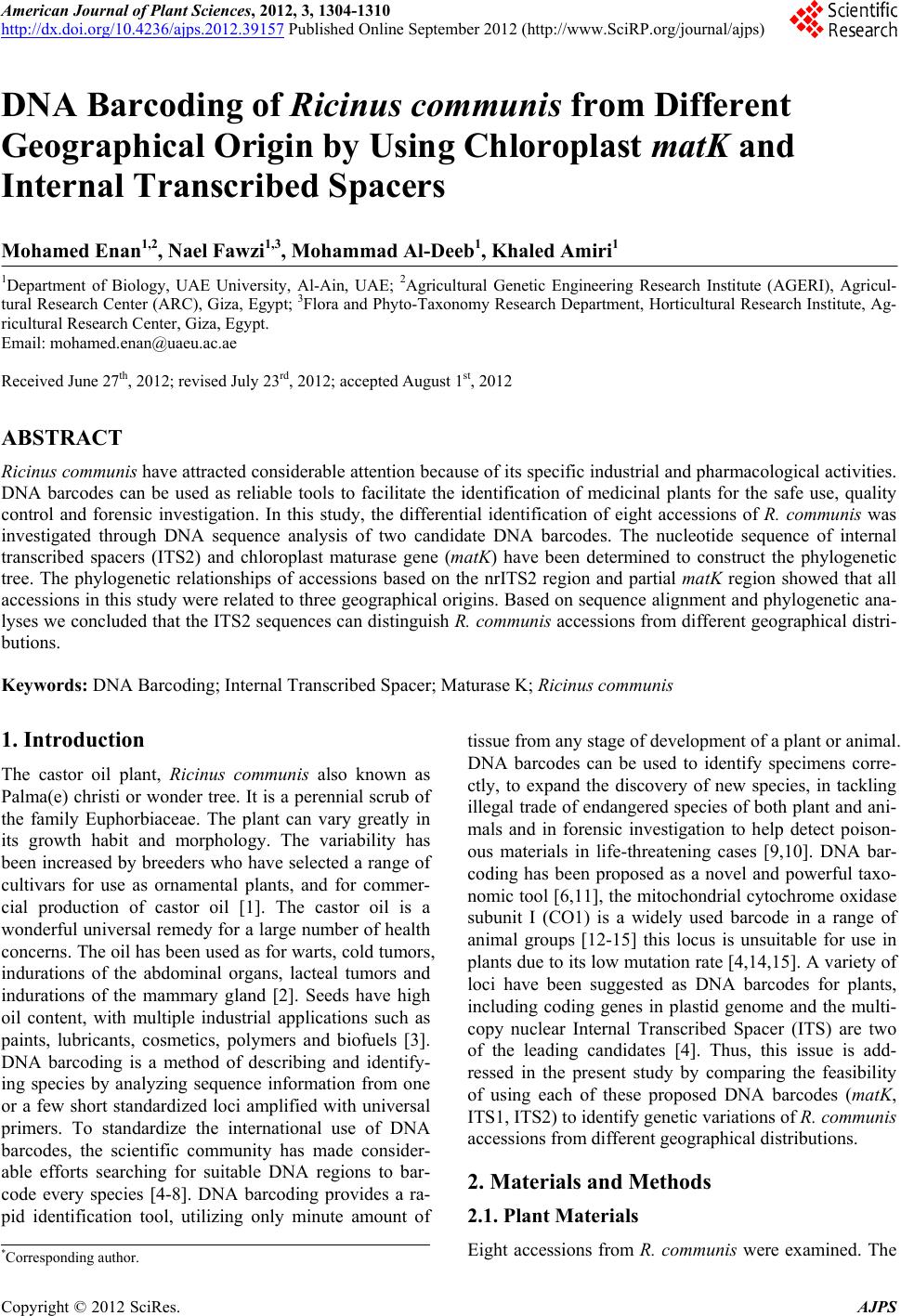 dna barcoding of i ricinus communis i