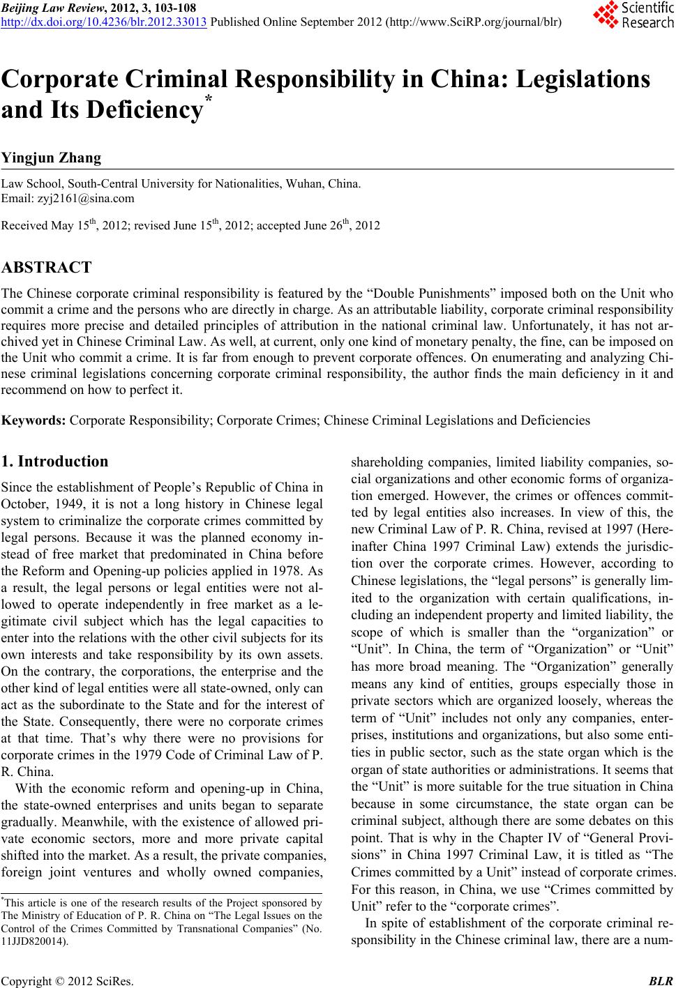 Corporate Criminal Responsibility in China: Legislations and Its