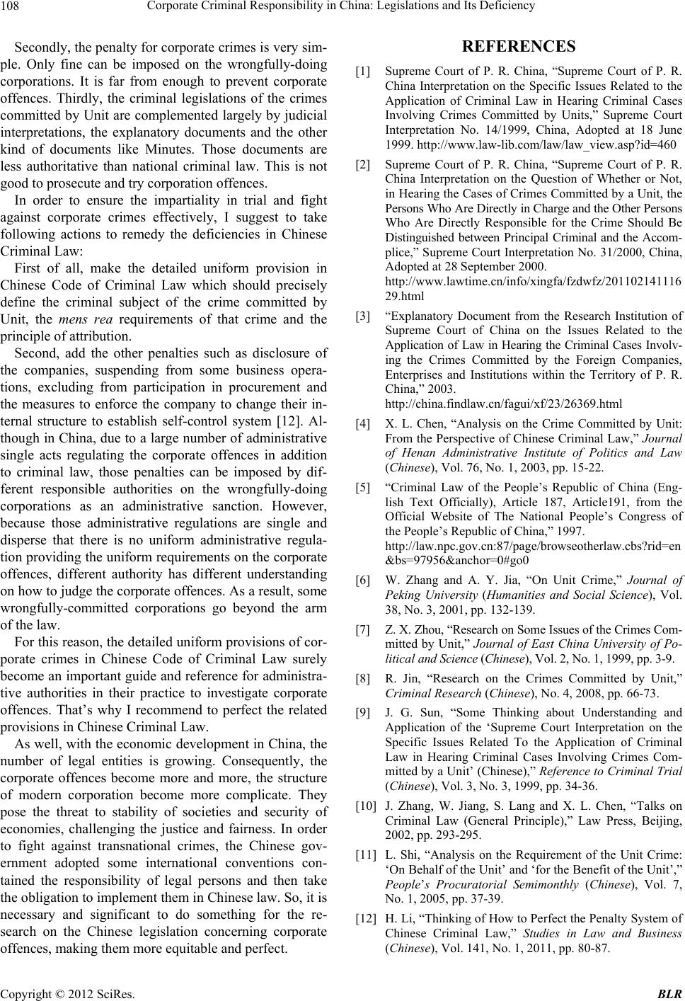 しおん Corporate Criminal Responsibility in China: Legislations and Its