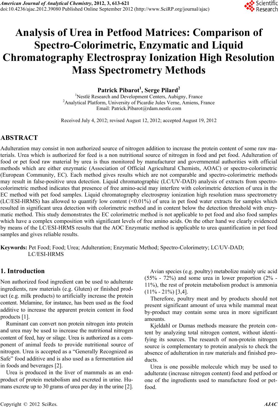 Analysis of Urea in Petfood Matrices Comparison of Spectro