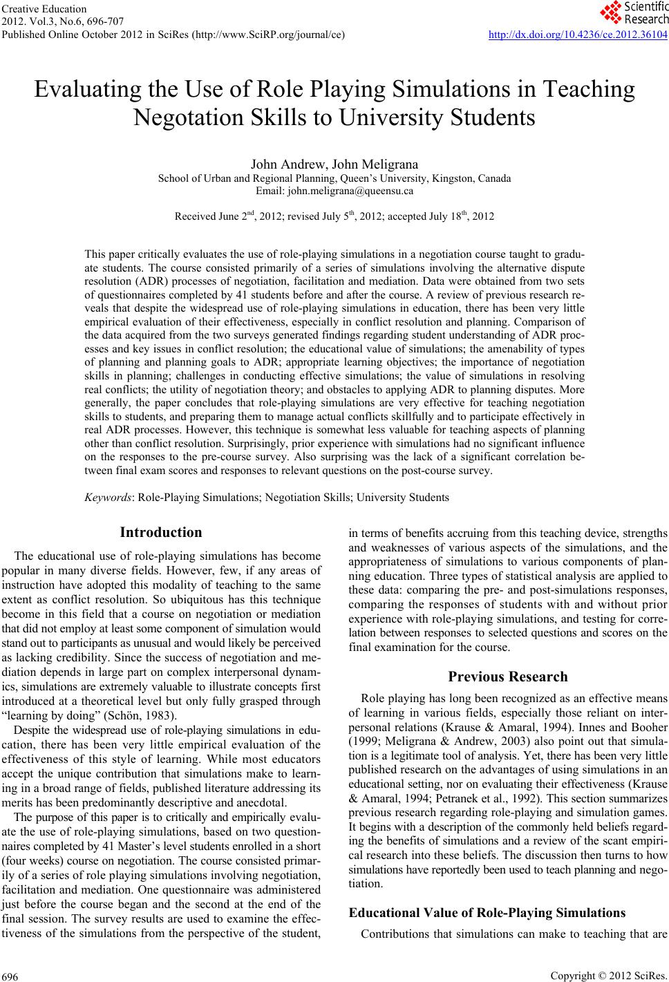 Evaluating the Use of Role Playing Simulations in Teaching Negotation ...