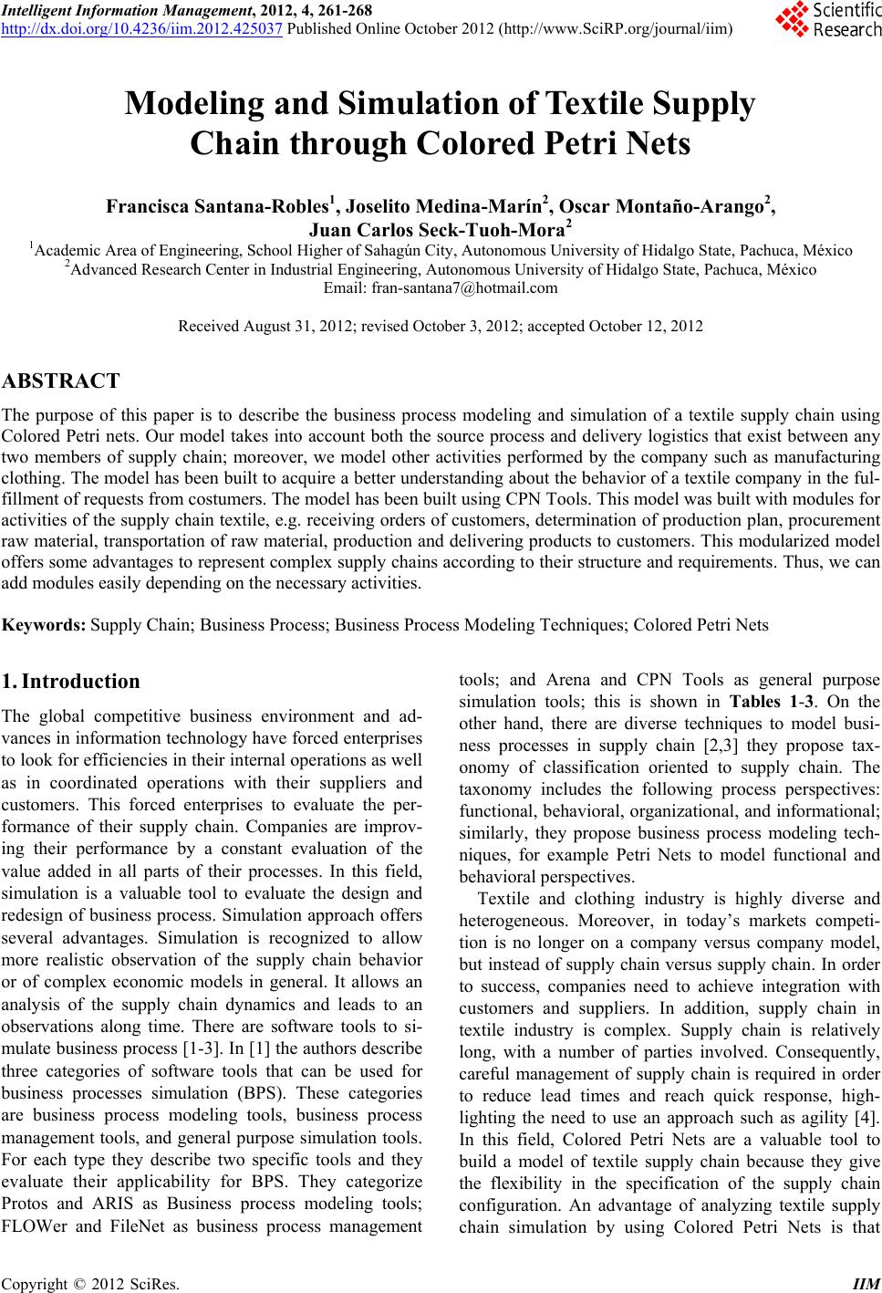 Modeling and Simulation of Textile Supply Chain through Colored Petri Nets