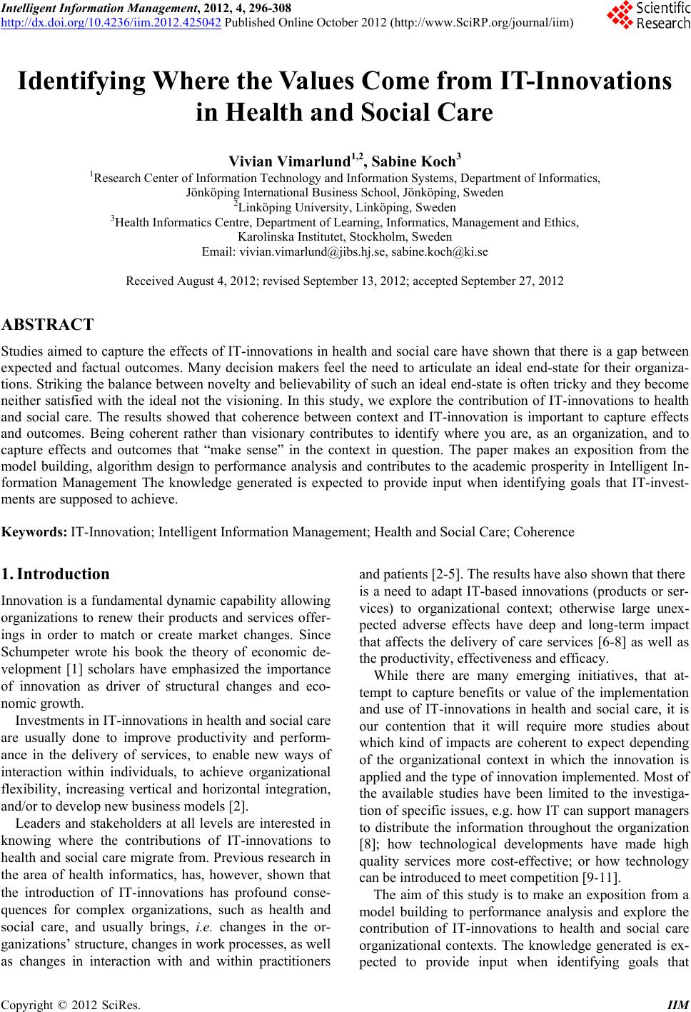 Identifying Where the Values Come from IT-Innovations in Health 