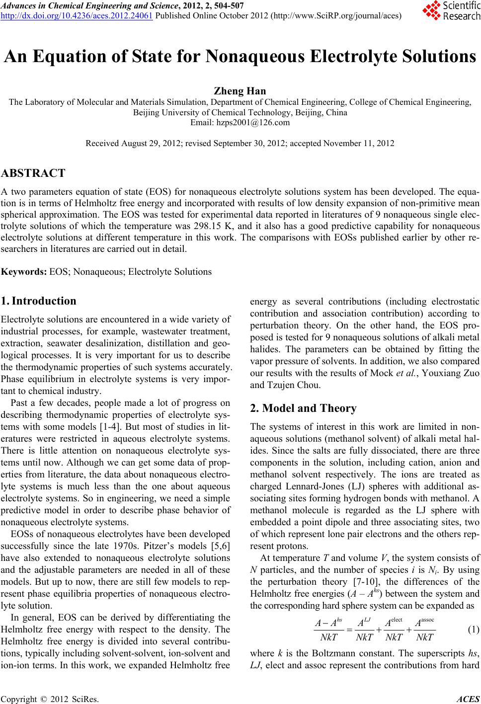 An Equation of State for Nonaqueous Electrolyte Solutions