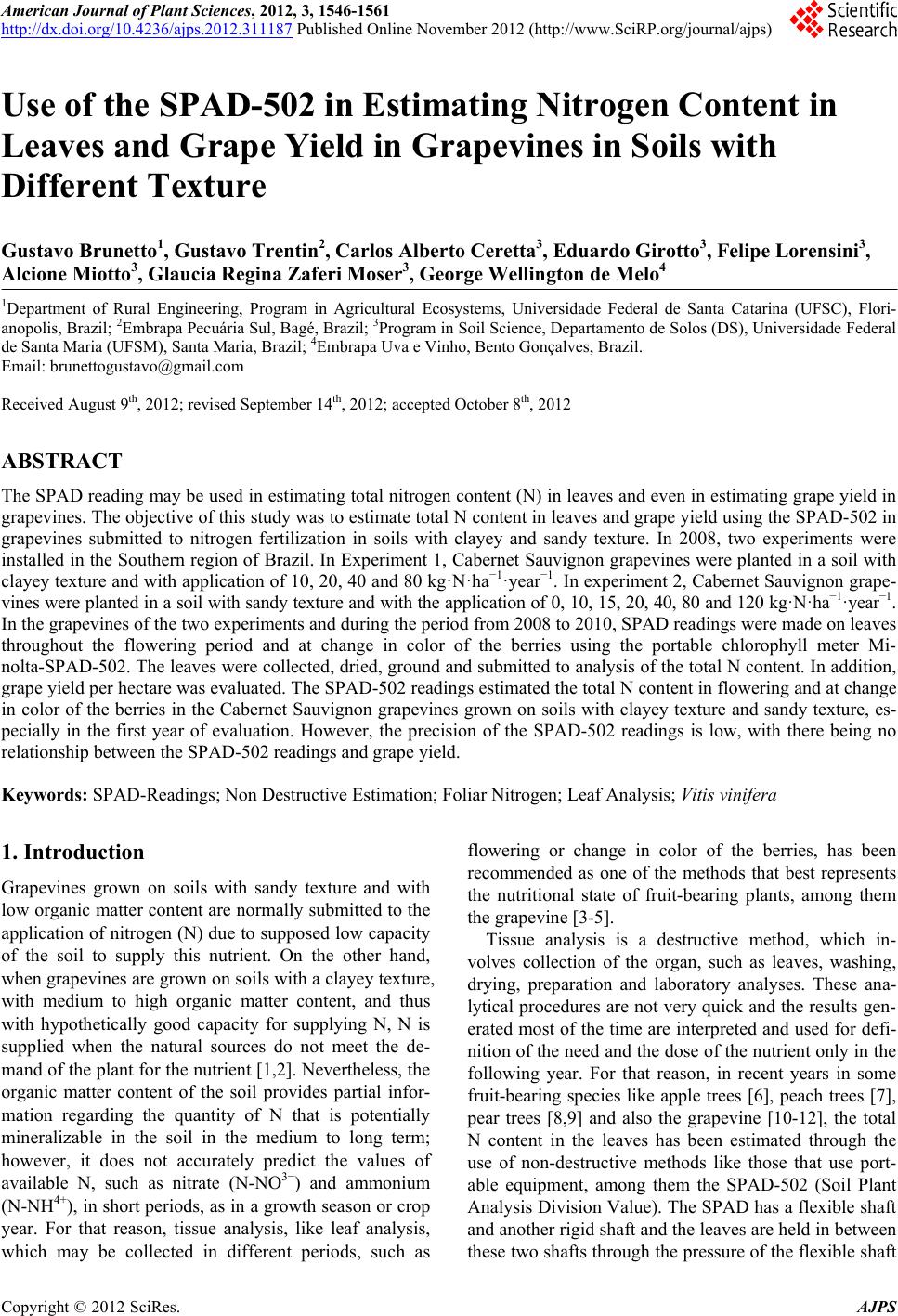 Use of the SPAD-502 in Estimating Nitrogen Content in Leaves and Grape ...