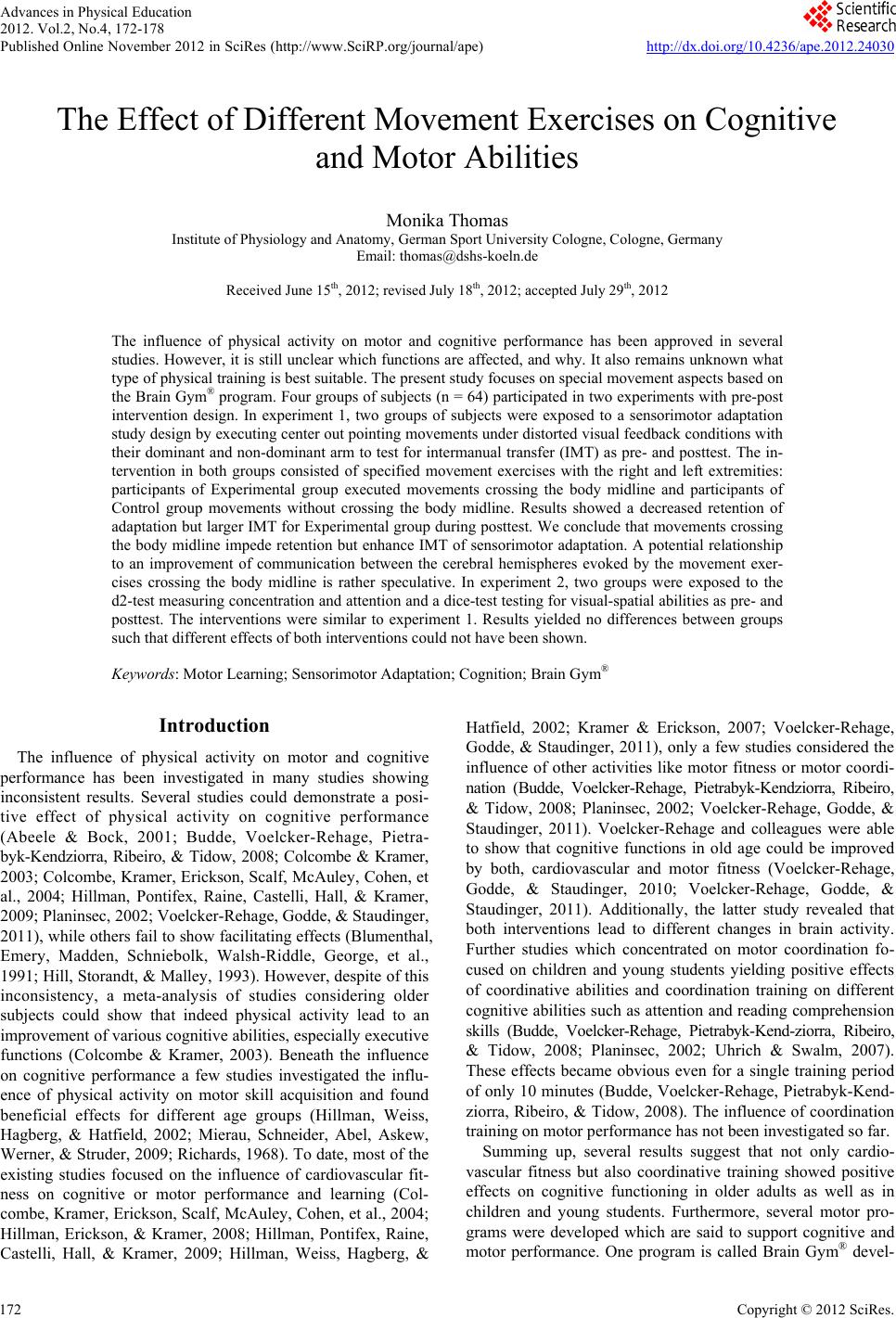 The Effect of Different Movement Exercises on Cognitive and Motor Abilities