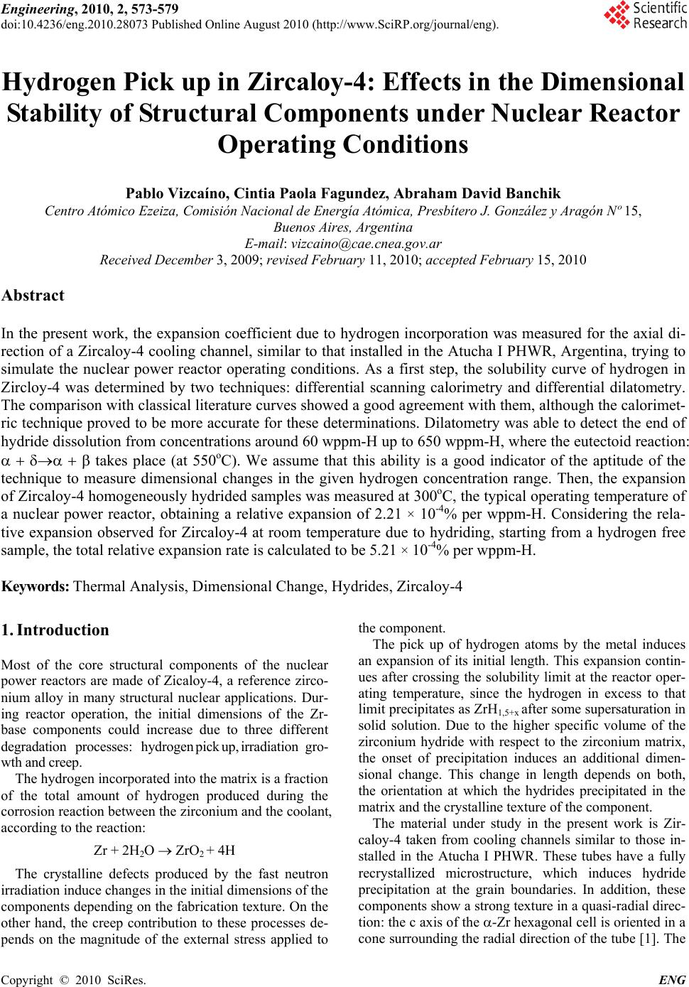 Hydrogen Pick up in Zircaloy-4: Effects in the Dimensional Stability of ...