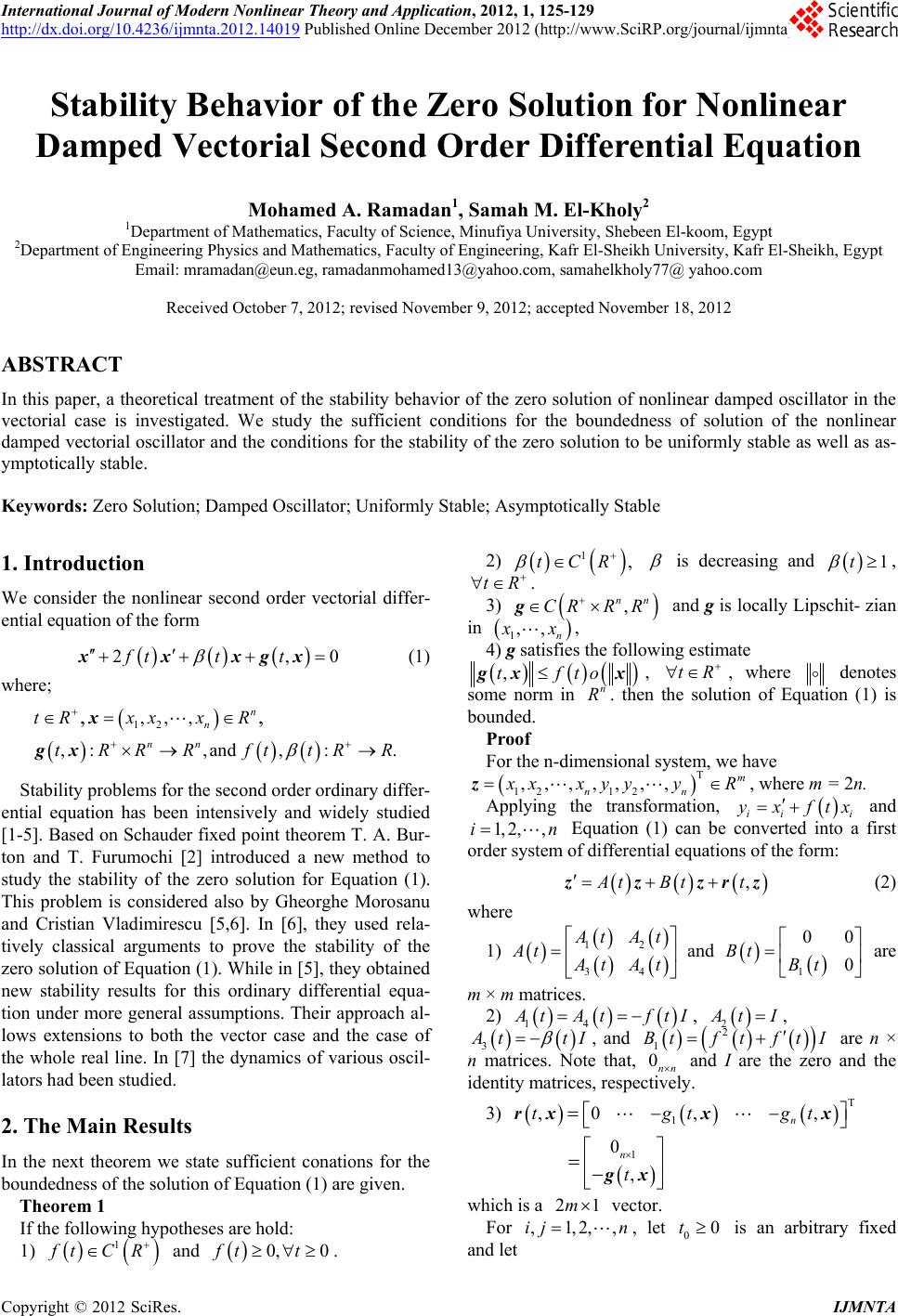Stability Behavior Of The Zero Solution For Nonlinear Damped Vectorial Second Order Differential Equation