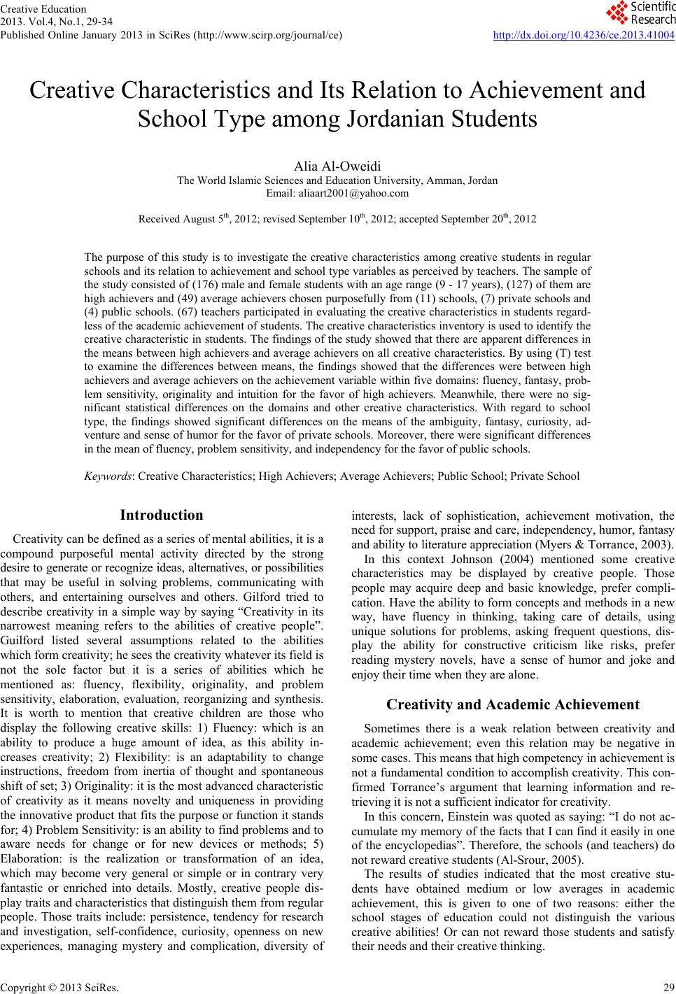 Creative Characteristics and Its Relation to Achievement and School ...