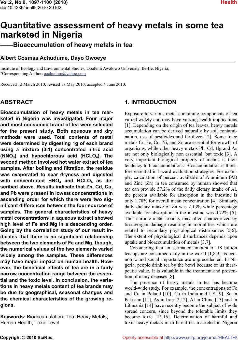 Quantitative assessment of heavy metals in some tea marketed in Nigeria