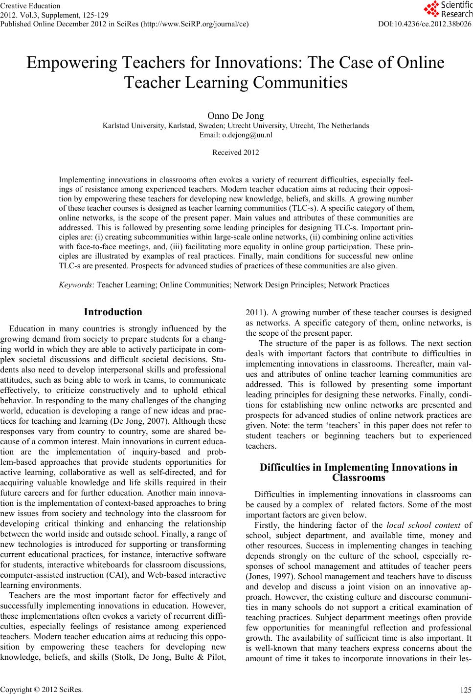 Empowering Teachers for Innovations The Case of Online Teacher Learning Communities