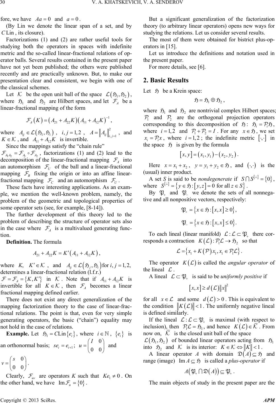 Factorization of Operators in Krein Spaces and Linear