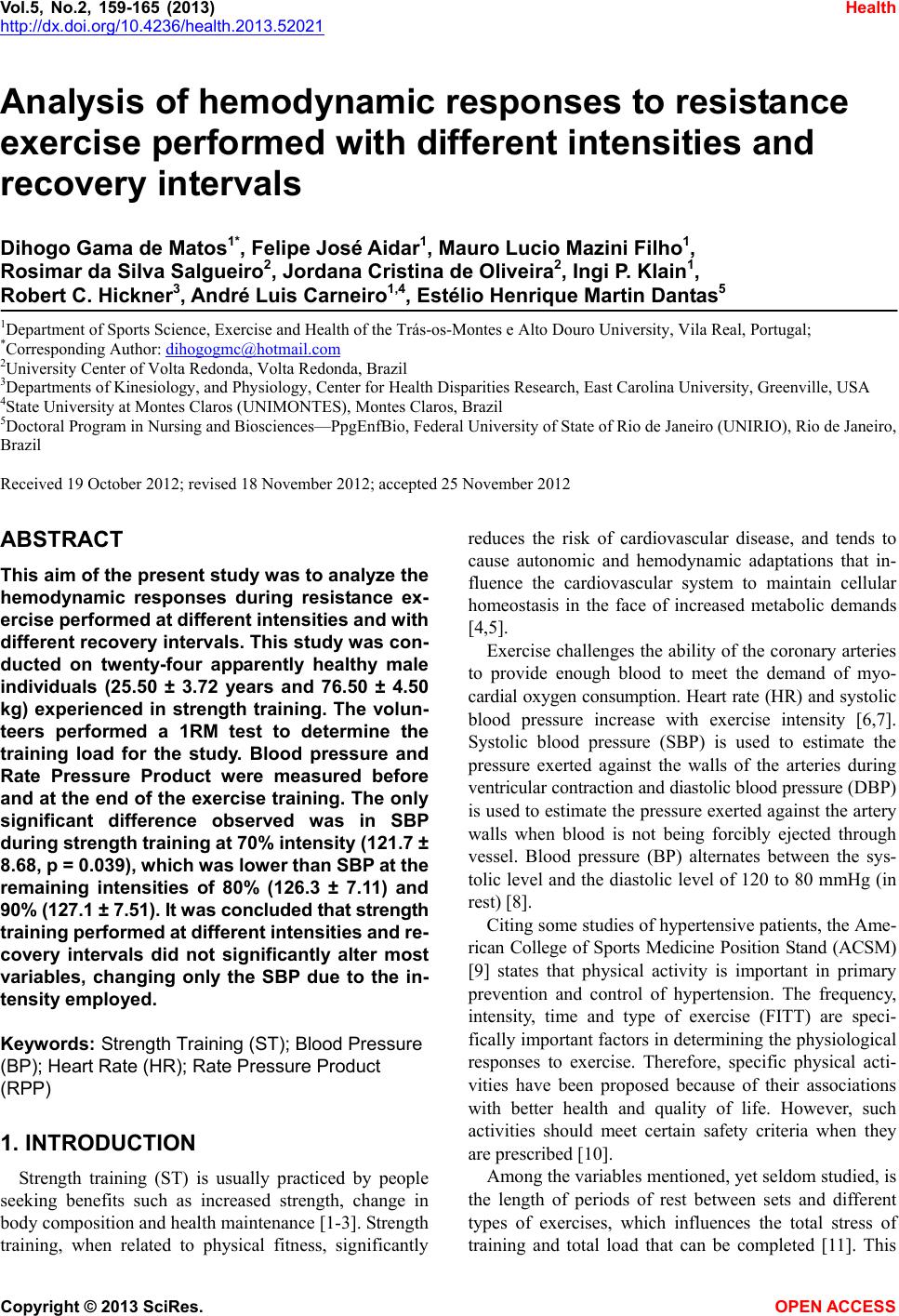 Analysis of hemodynamic responses to resistance exercise performed with ...