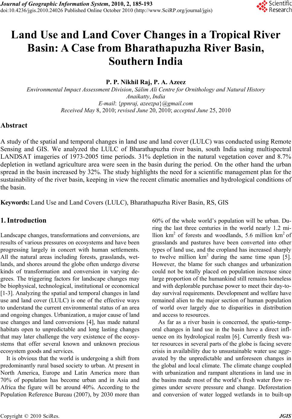 Land Use and Land Cover Changes in a Tropical River Basin: A Case from ...