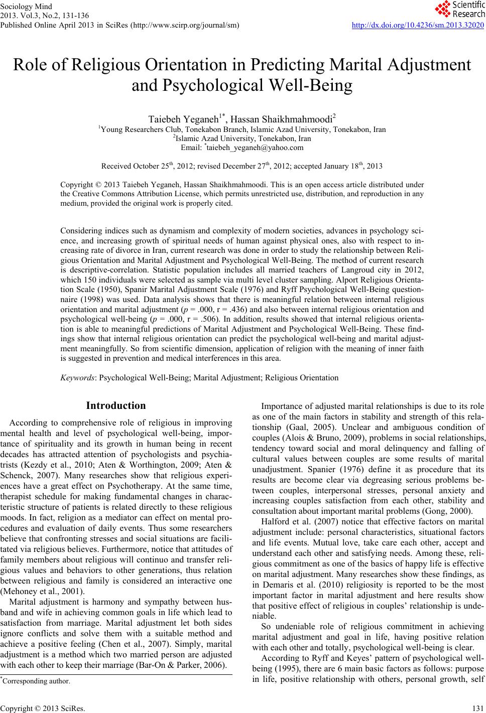 Role of Religious Orientation in Predicting Marital Adjustment and ...