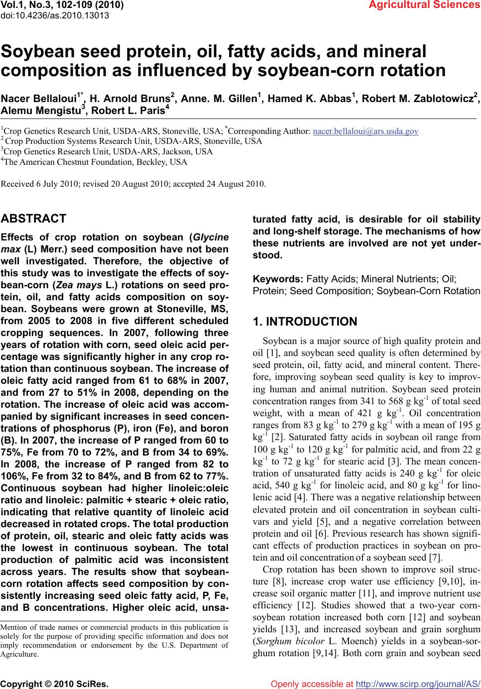 Soybean seed protein, oil, fatty acids, and mineral composition as