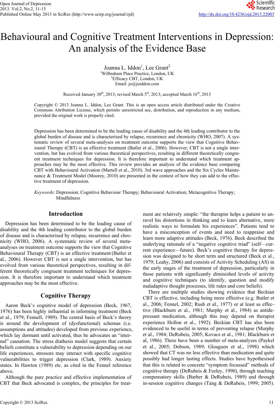 Behavioural and Cognitive Treatment Interventions in Depression