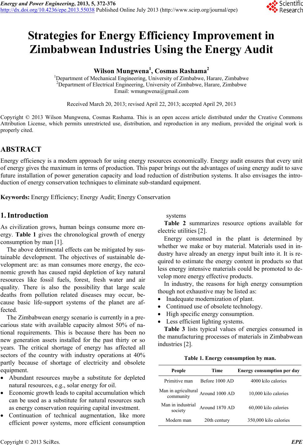 Strategies for Energy Efficiency Improvement in Zimbabwean Industries Using the Energy Audit