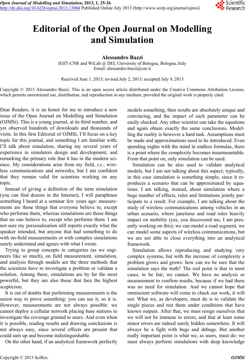 Editorial of the open journal on modelling and simulation