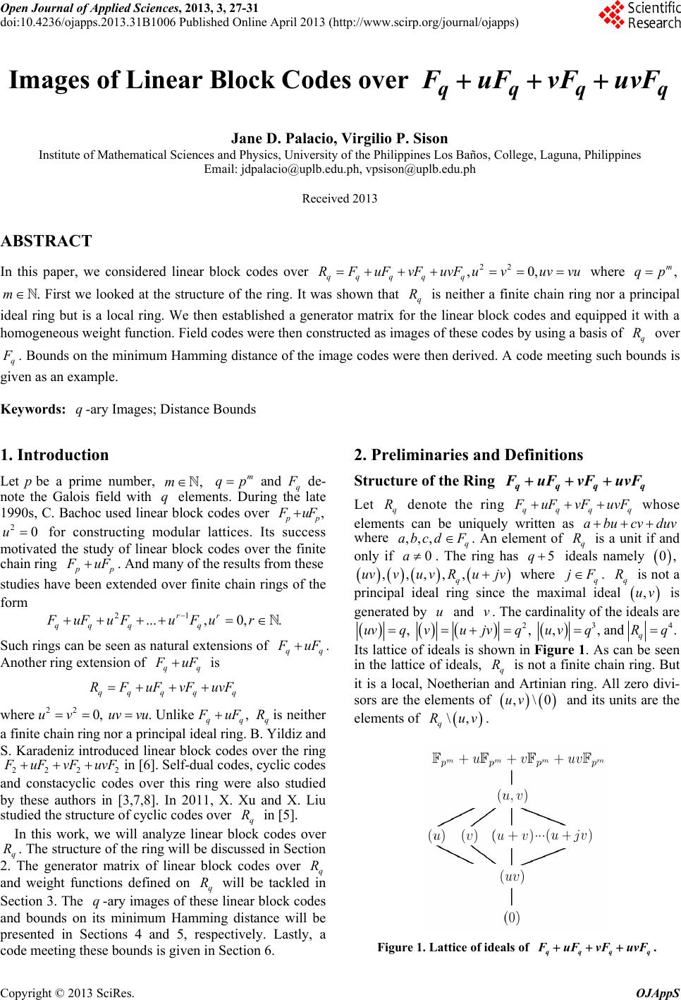 Images Of Linear Block Codes Over Fq uFq vFq uvFq Images Of Linear Block Codes Over Fq uFq vFq uvFq