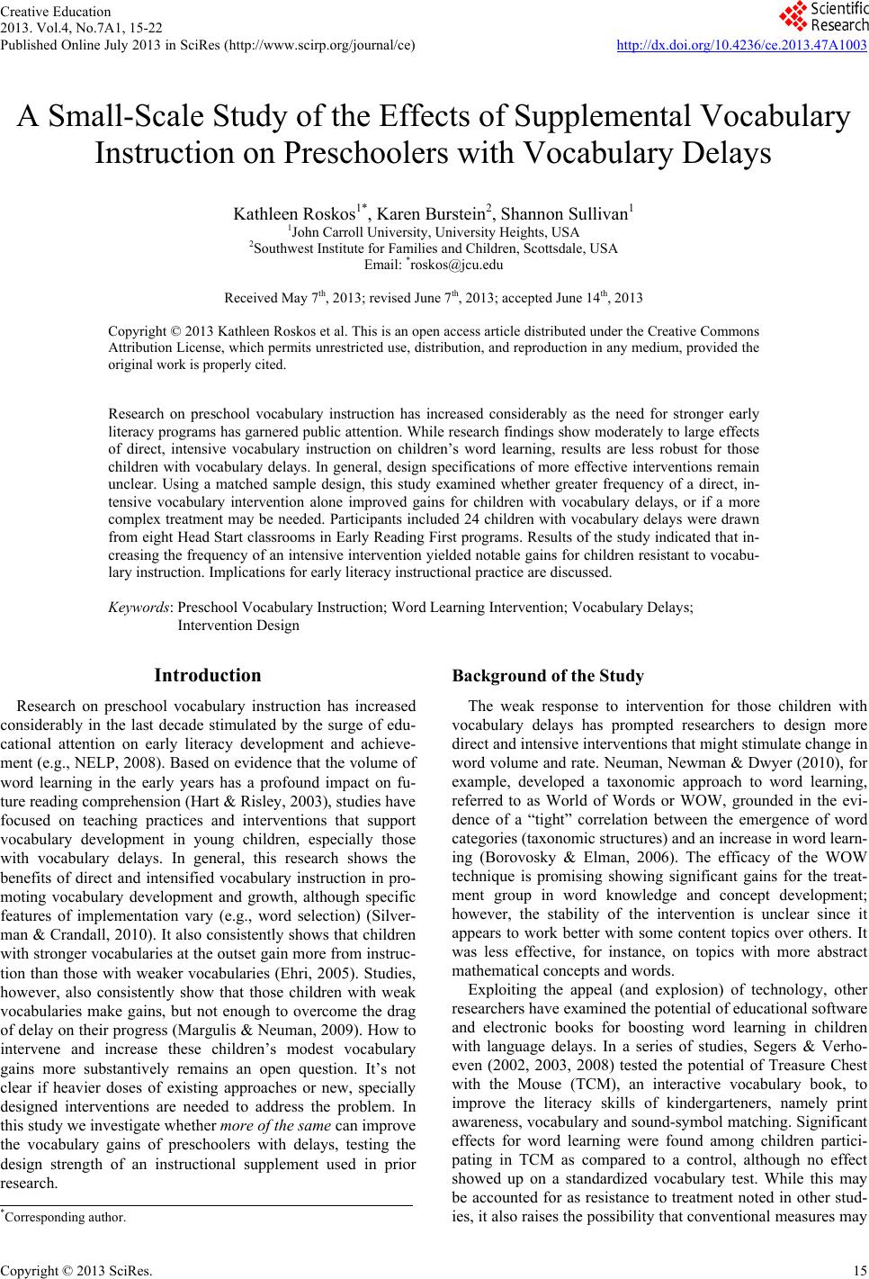 A Small-Scale Study of the Effects of Supplemental Vocabulary ...