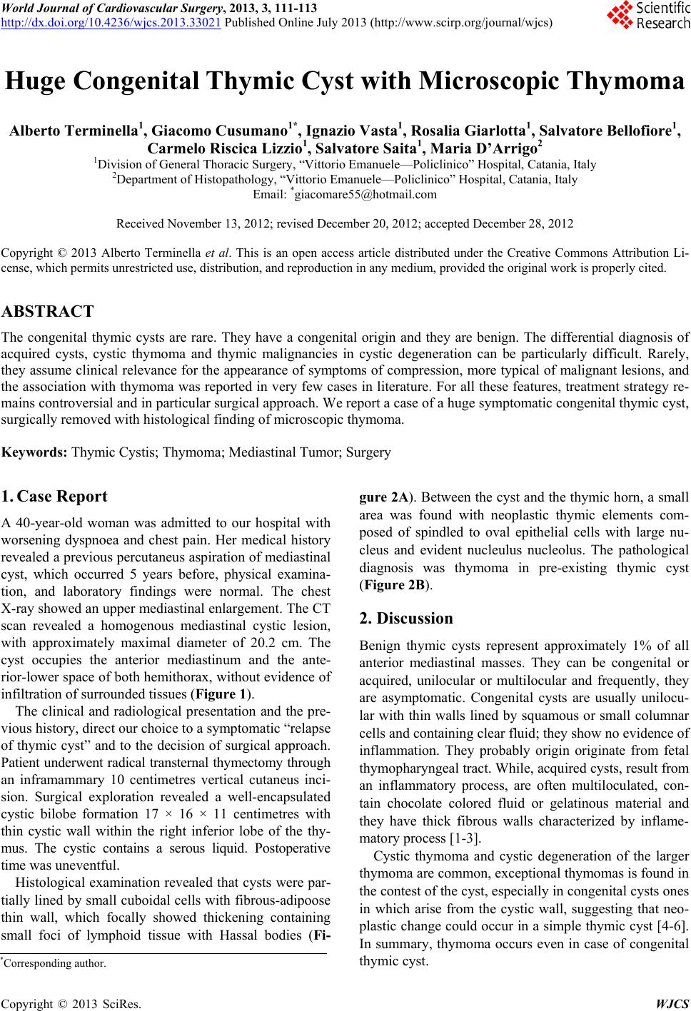 Huge Congenital Thymic Cyst with Microscopic Thymoma