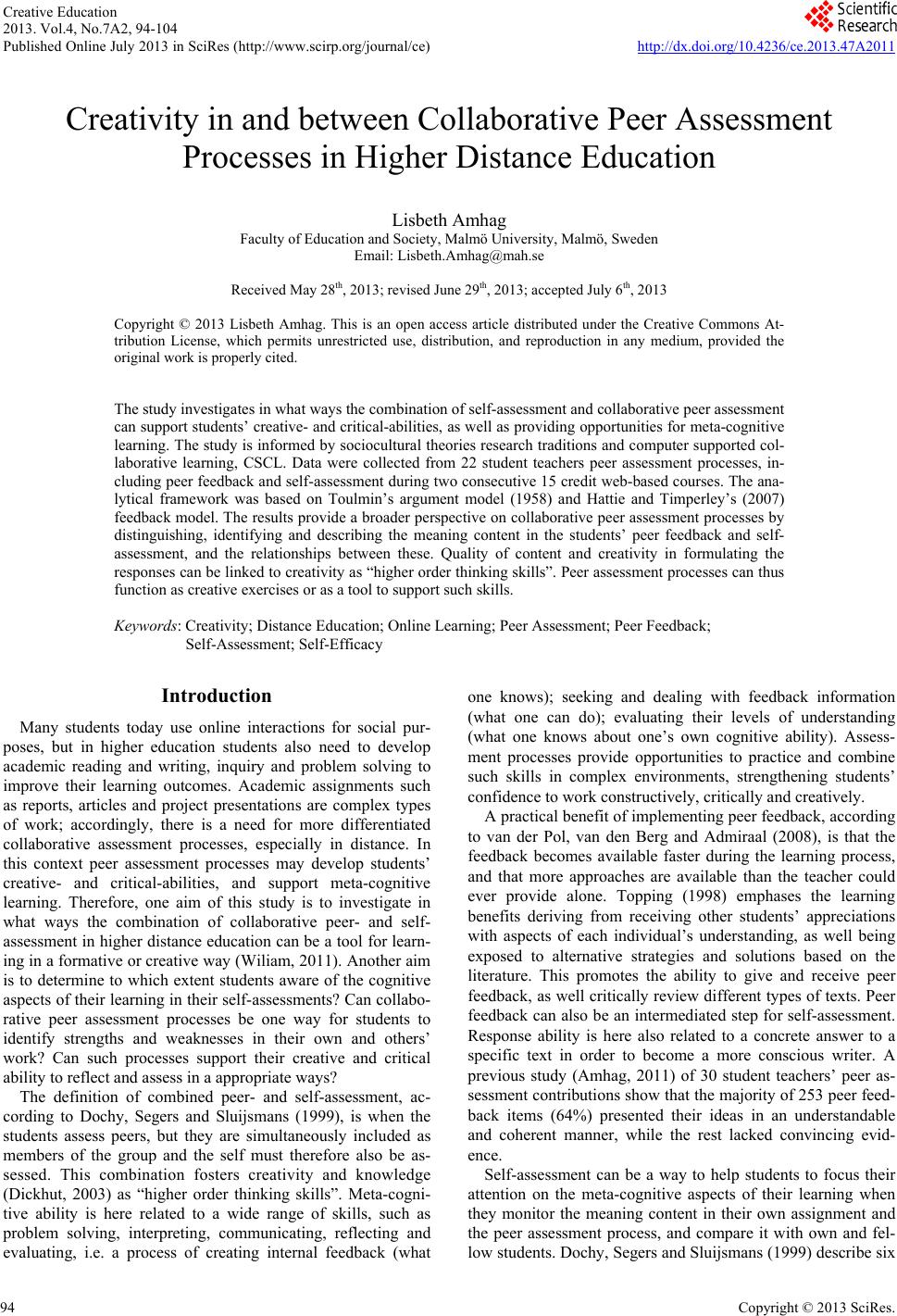 Creativity in and between Collaborative Peer Assessment Processes in ...