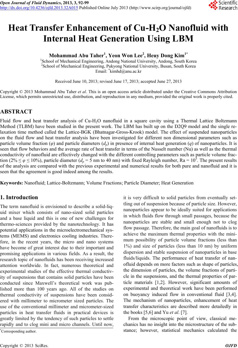 Heat Transfer Enhancement of Cu-H 2 O Nanofluid with Internal Heat ...