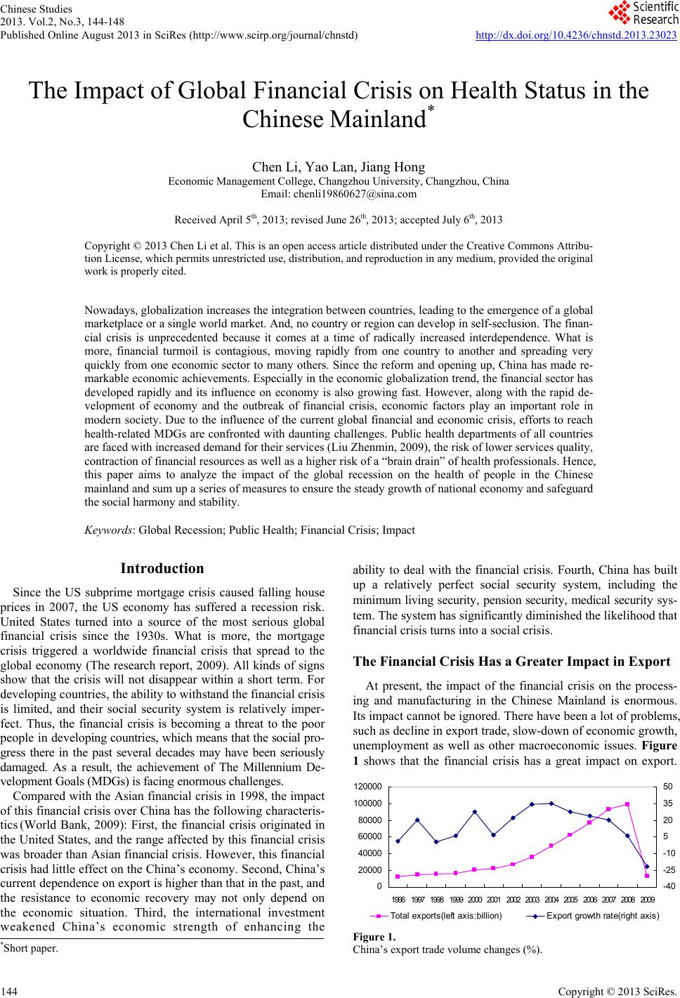 The Impact of Global Financial Crisis on Health Status in the Chinese ...