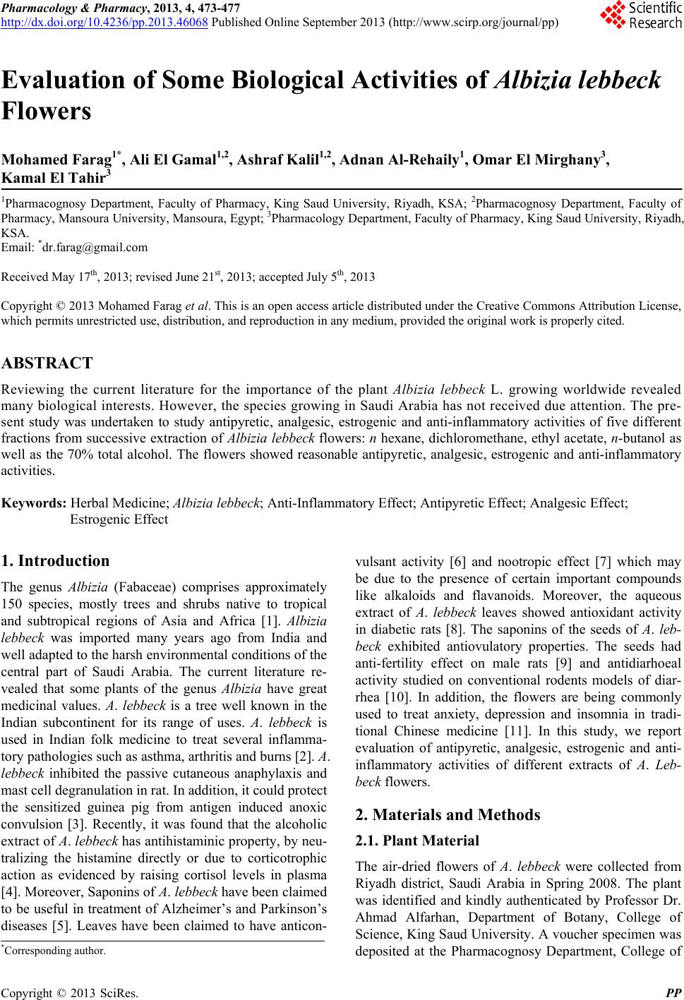 Evaluation Of Some Biological Activities Of I Albizia Lebbeck I Flowers