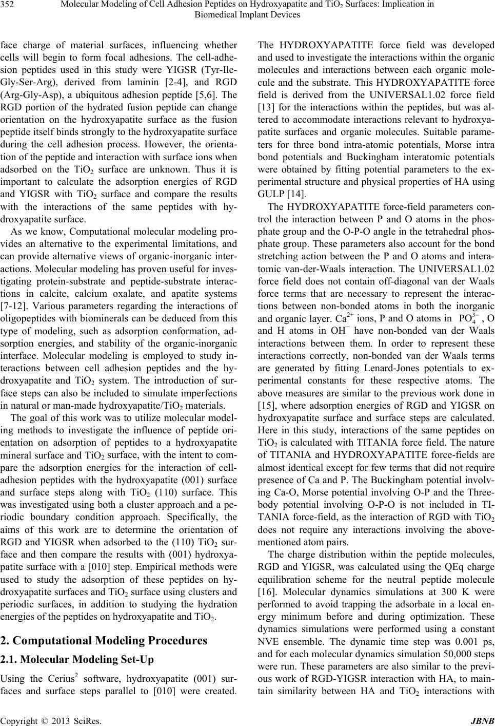 Molecular Modeling of Cell Adhesion Peptides on Hydroxyapatite and 