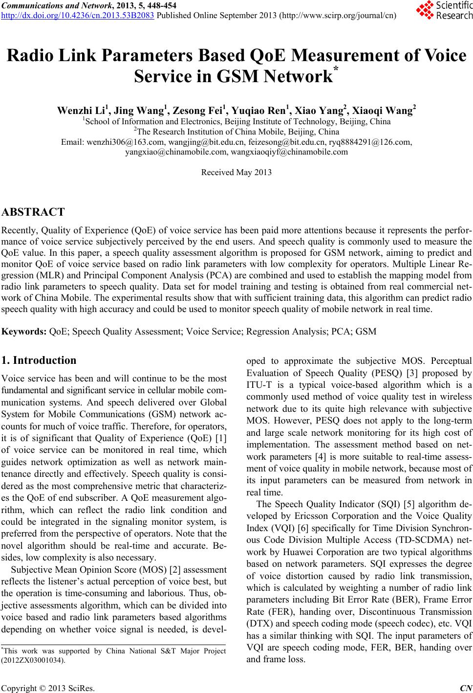 Radio Link Parameters Based QoE Measurement of Voice Service in GSM Network