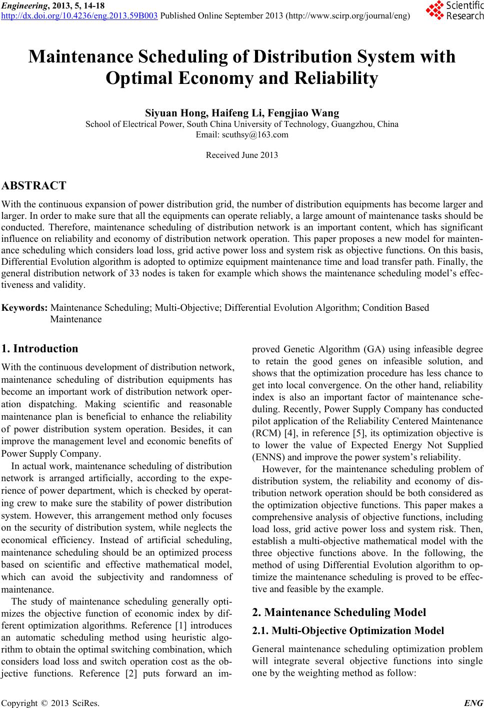 Maintenance Scheduling of Distribution System with Optimal Economy and ...