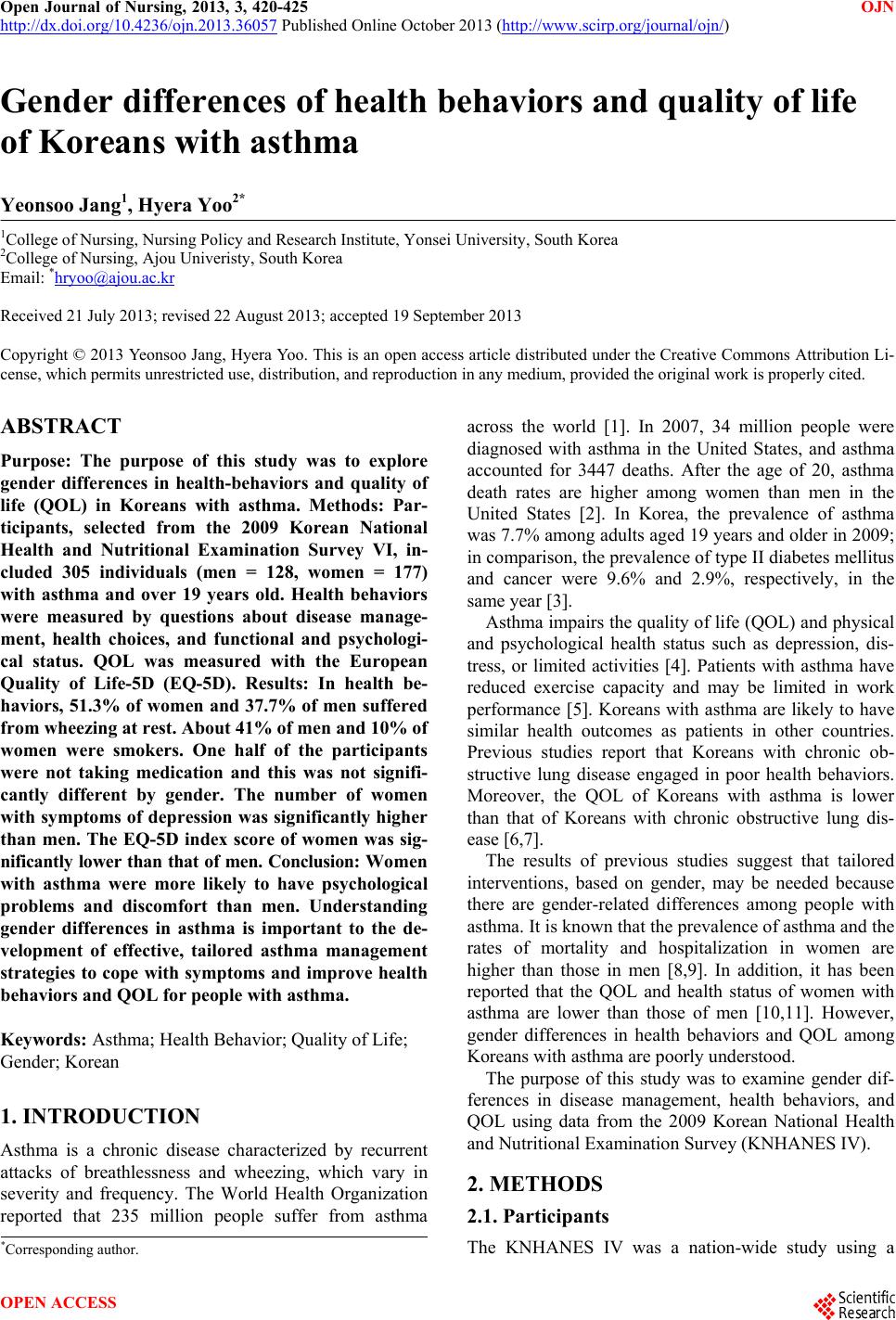 Gender differences of health behaviors and quality of life of Koreans ...