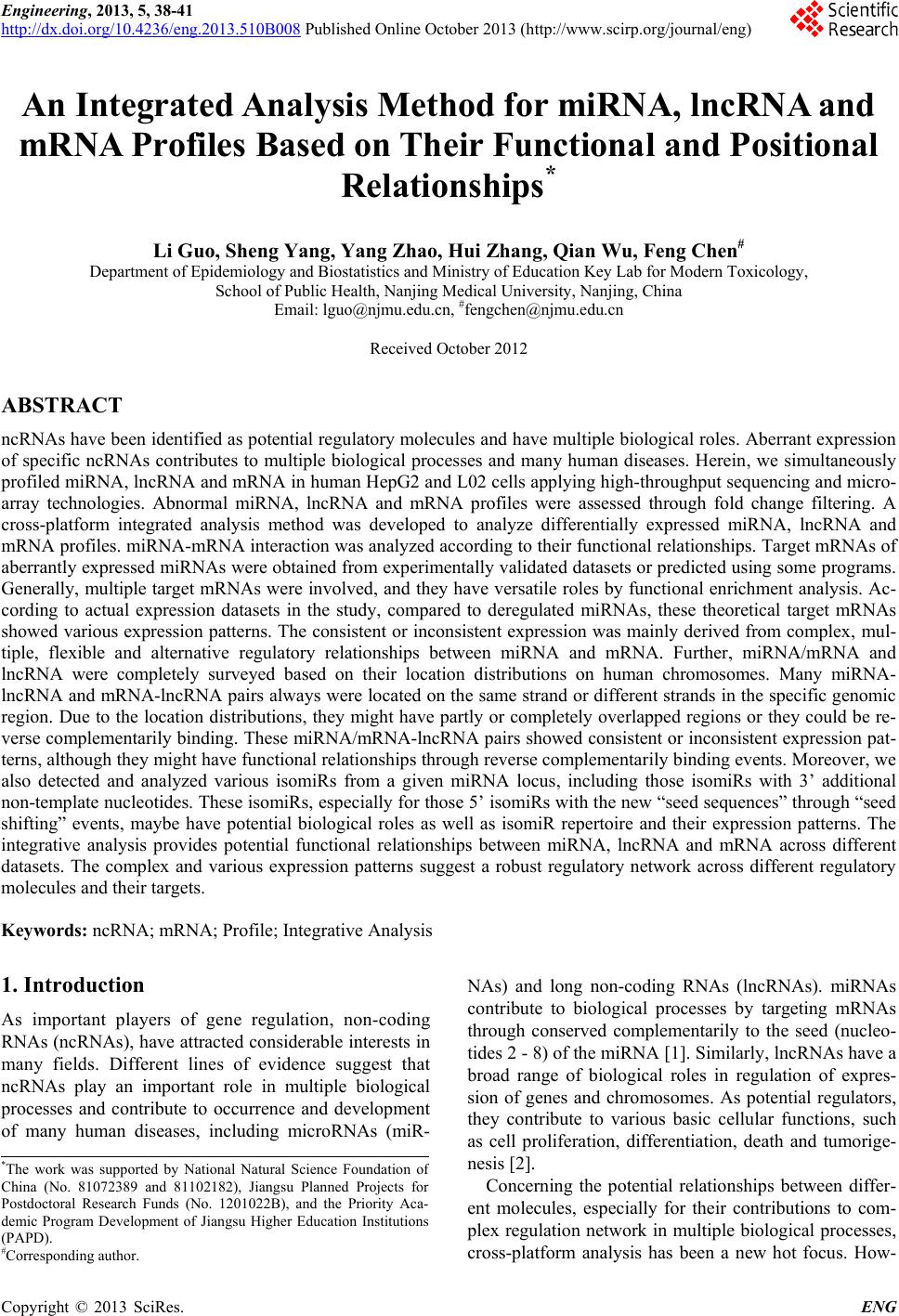 An Integrated Analysis Method for miRNA, lncRNA and mRNA Profiles Based ...