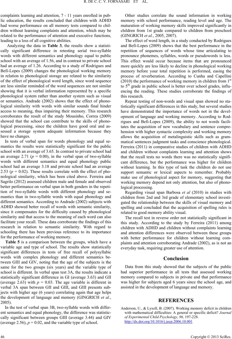 Profile Performance of Working Memory in Children of Elementary Schools